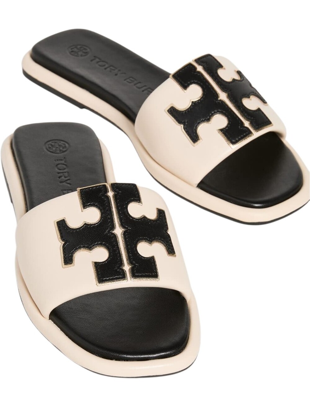 Tory Burch T-Logo Cream Leather Slide Sandals with Black Logo - New- Size 10